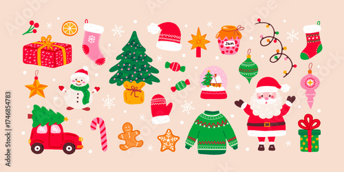 Set of Christmas hand drawn elements. Cute holiday Xmas graphic icons. Santa Claus, Christmas tree, gift boxes, baubles, bow, candle, candy. Perfect for greeting card and stickers. Vector flat