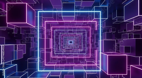 Abstract neon tunnel with glowing cubes, creating a futuristic and immersive experience, perfect for technology, gaming, or science fiction themed projects