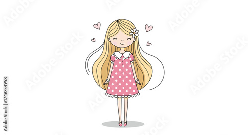 A cute cartoon girl with long blonde hair and pink dress.