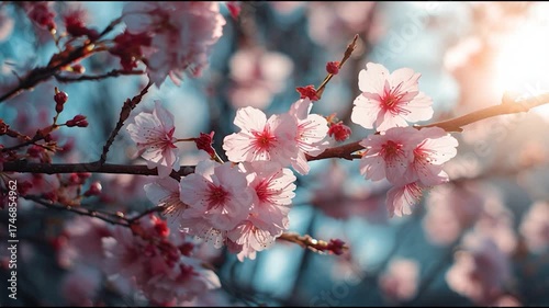 A close-up view of delicate pink cherry blossoms on a branch, creating a soft, romantic atmosphere with a blurred background.