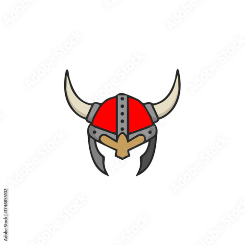 Red devil bull cartoon head with horns and a flag symbol on a white isolated background