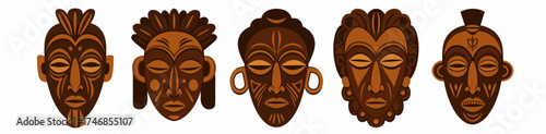 Five distinct brown and dark brown African tribal masks displayed horizontally