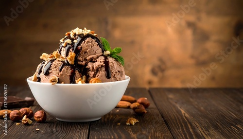 A creamy chocolate ice cream sundae, drizzled with sauce and nuts, in a white bowl, set against a dark wood background