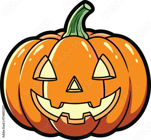 Cartoon jack-o'-lantern with carved face, orange pumpkin, green stem, toothy smile, Halloween illustration for spooky season, festive decoration, kids design, celebration art