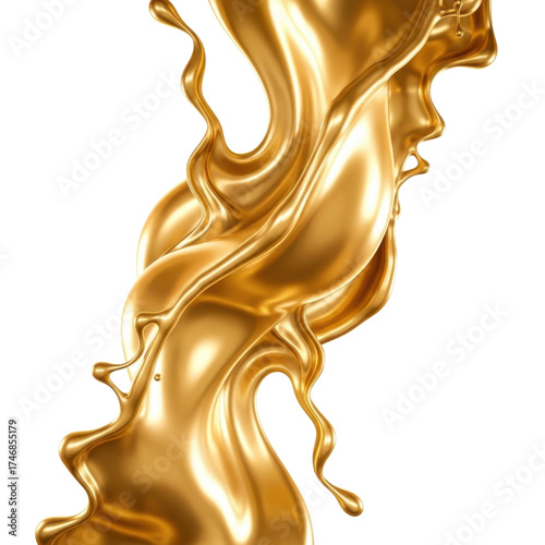 Dynamic swirling splash of luxurious golden liquid isolated on clean white background