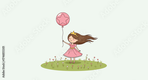 A little girl in a pink dress holding a pink balloon while standing in a field of flowers.