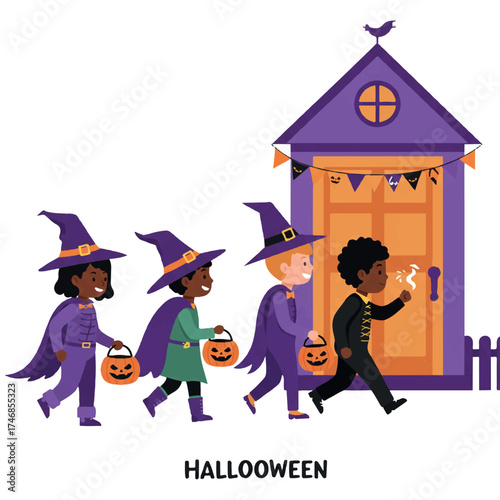 Diverse children in vibrant Halloween costumes, carrying treat bags and knocking on a decorated house door, depicted in a cheerful 2D flat vector illustration with clean outlines.