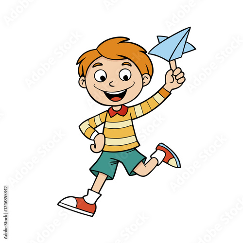 Joyful Kid Running and Holding a Paper Airplane