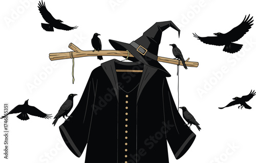 Halloween scarecrow illustration, spooky scarecrow with witch hat and crows, autumn harvest artwork, gothic seasonal decorative drawing