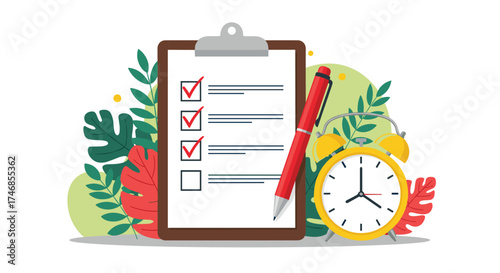 Checklist with a pen and alarm clock representing tasks and time management.