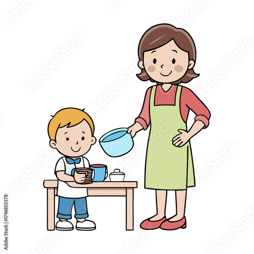 Mother and child cooking together in the kitchen happily