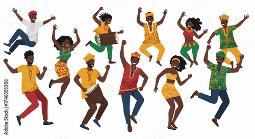 Group of diverse Black people dancing joyfully in traditional or festive attire
