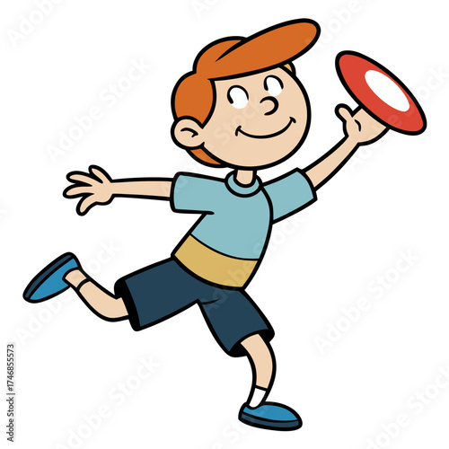 Smiling boy throwing a frisbee in a fun cartoon style