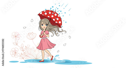 A young girl enjoys a rainy day under a polka dot umbrella.