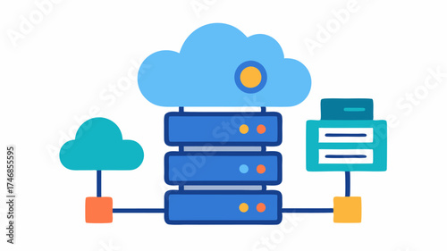 Simplified cloud icons floating above a server stack each cloud depicting different types of data like images documents and applications.