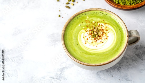 A creamy, vibrant green beverage in a ceramic cup, garnished with seeds and swirls of cream. Beside, a small bowl