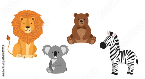 A collection of adorable animals including a lion a koala a bear and a zebra.