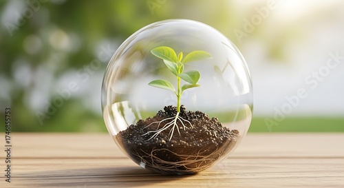 A young plant growing in a glass sphere, symbolizing environmental protection, sustainability, and the delicate balance of nature, conveying hope and growth