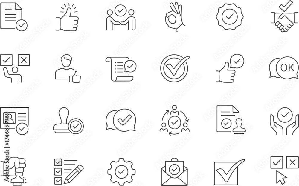 Fototapeta premium Approval editable line icons set. Modern thin line vector illustrations of accept and confirmation symbols — agreement, checkmark, OK sign, and more, isolated on transparent background.