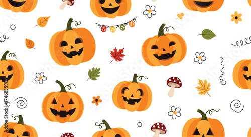 A festive pattern of carved pumpkins and autumn leaves for Halloween celebrations.