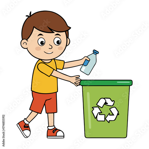 Young boy recycling plastic bottle in the environment