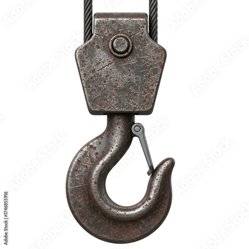 Heavy Duty Rusty Industrial Crane Hook and Cable Isolated on White Background