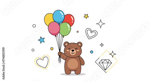 Cute teddy bear holding a bunch of colorful balloons with decorative elements.