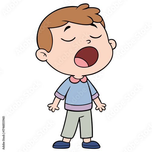 Young cartoon boy with closed eyes yawning and showing tiredness