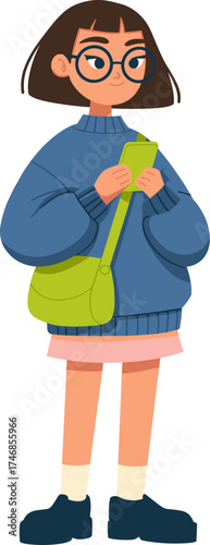 Young woman with glasses wearing a sweater and skirt while checking her smartphone isolated on transparent background. Vector illustration.