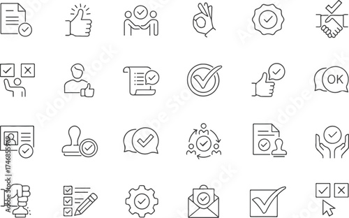 Approval editable line icons set. Modern thin line vector illustrations of accept and confirmation symbols — agreement, checkmark, OK sign, and more, isolated on transparent background.