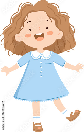 Cute young girl in a blue dress isolated on transparent background. Vector illustration.