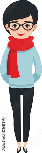 Young woman in casual outfit and red scarf stands confidently with hands in pockets in a cheerful isolated on transparent background. Vector illustration.