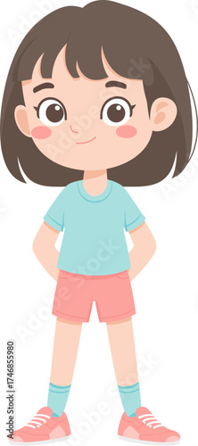 Cute young girl with brown hair in casual outfit standing confidently isolated on transparent background. Vector illustration.