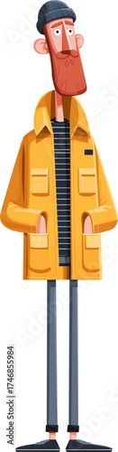 Man in a yellow raincoat stands with hands in pockets isolated on transparent background. Vector illustration.