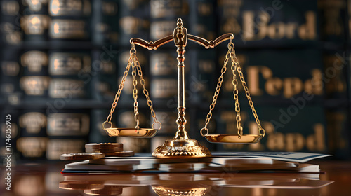 Golden balance scales standing on documents with stacked coins and law books in the background. Symbol of justice, fairness, legal system, and financial balance. Concept of law, economy, and ethical d