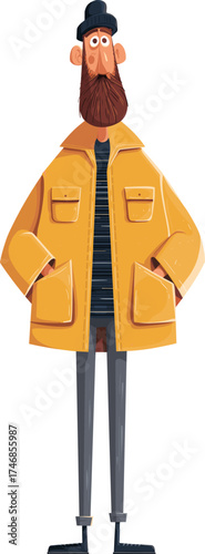 Cartoon character dressed in yellow jacket and hat standing confidently with hands in pockets isolated on transparent background. Vector illustration.