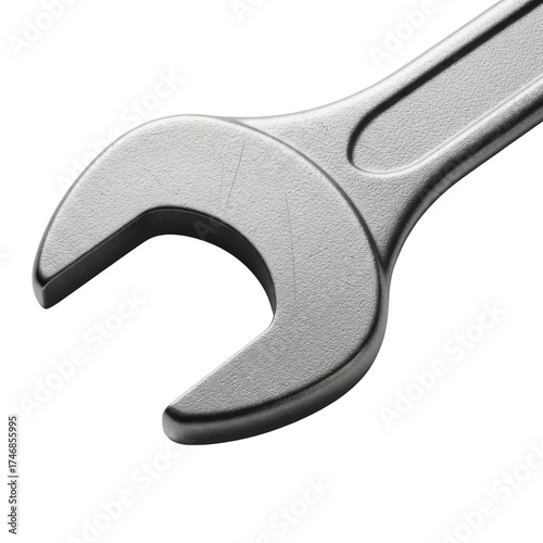 Close-up of a Metallic Silver Open-End Wrench Head Isolated on a White Background