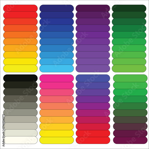 A collection of colorful swatches arranged in vertical columns, showcasing a spectrum of hues.