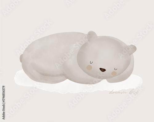 Sleeping Baby Bear Hand-Painted Vector Illustration. Dreaming gray bear resting peacefully on a light gray background. Woodland animal print perfect for nursery decor, children’s books, room decor.