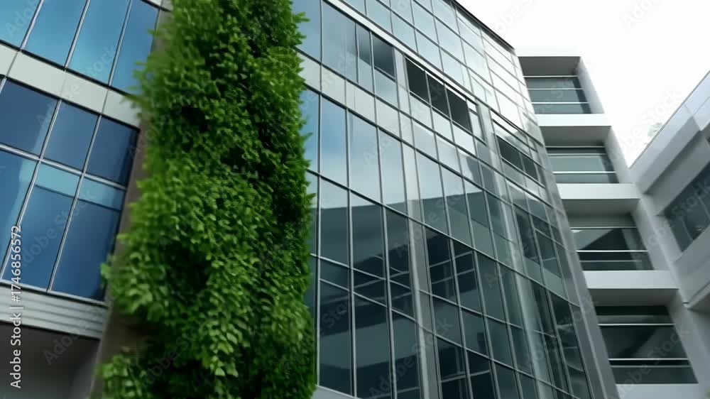 Modern architecture showcases green design elements in a new building in an urban setting with lush plants and reflective glass surfaces