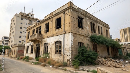 The image shows a building in what appears to be a state of disrepair or abandonment in Karachi,building, house, architecture, old, abandoned, wall, sky, stone, europe, home, city, italy, window, ruin