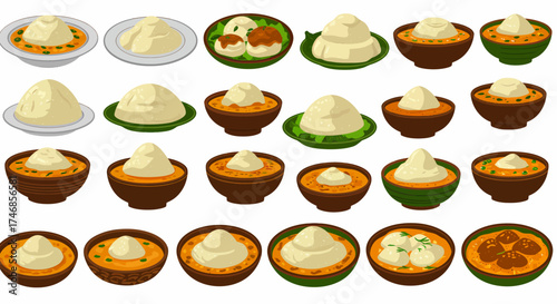 Seamless pattern of African fufu or banku served with various stews and soups