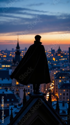 Vampire silhouette rooftop chase at sunset, man in dark cloak overlooking cityscape with warm lights. Concept of gothic atmosphere, moodiness, Halloween inspiration.