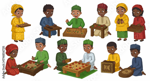 Ten smiling Black children in traditional attire playing board games