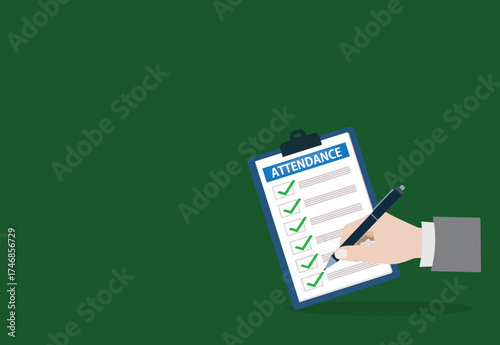 Man with pen and attendance clipboard with checklist. Questionnaire, survey, clipboard, task list. Flat design,