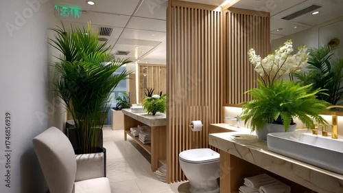 Luxurious spa bathroom design featuring modern amenities and elegant decor with natural greenery