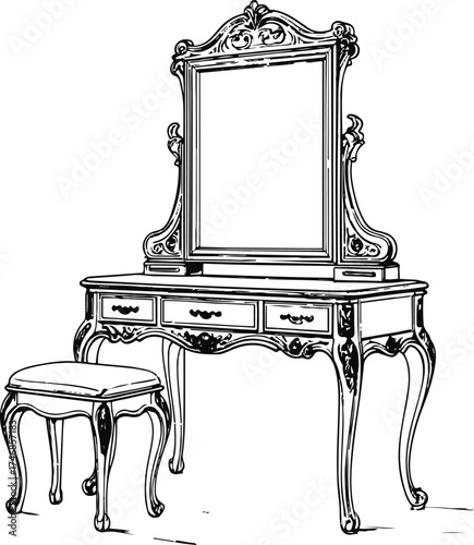 Smooth elegant line drawing of a dressing table with stool 1.