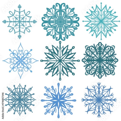 Set of Hand Drawn Crayon Snowflakes