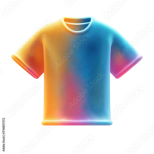 Gradient-dyed short-sleeve t-shirt; warm oranges and yellows blend into cool blues; smooth, glossy texture