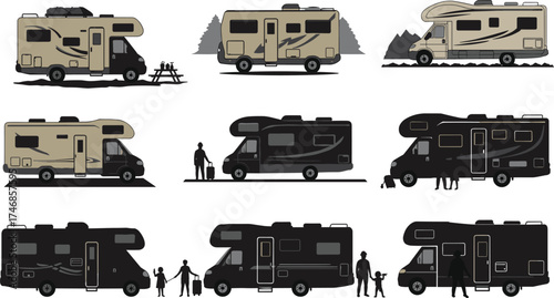 Set of colorful recreational vehicles motorhomes and camper vans in camping travel lifestyle scenes with families outdoor adventure vacation illustration